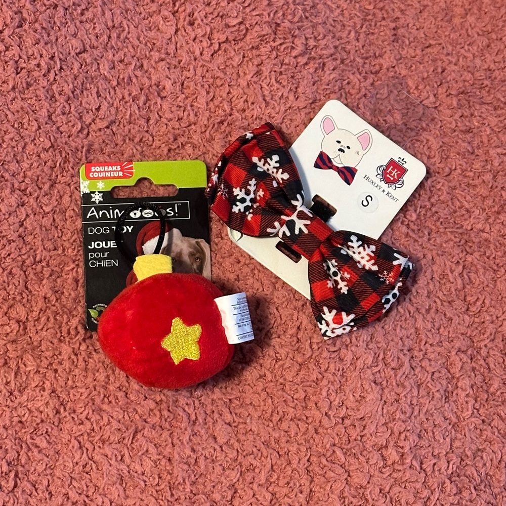 NWT - Red and Black Plaid Dog Bow Tie and Toy Set